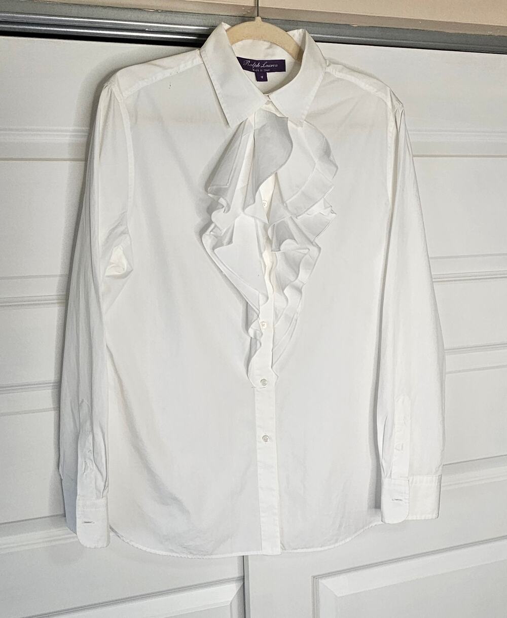 Ralph Lauren Purple Label White Ruffle Blouse Shirt Size 12 NWOT Made in Italy